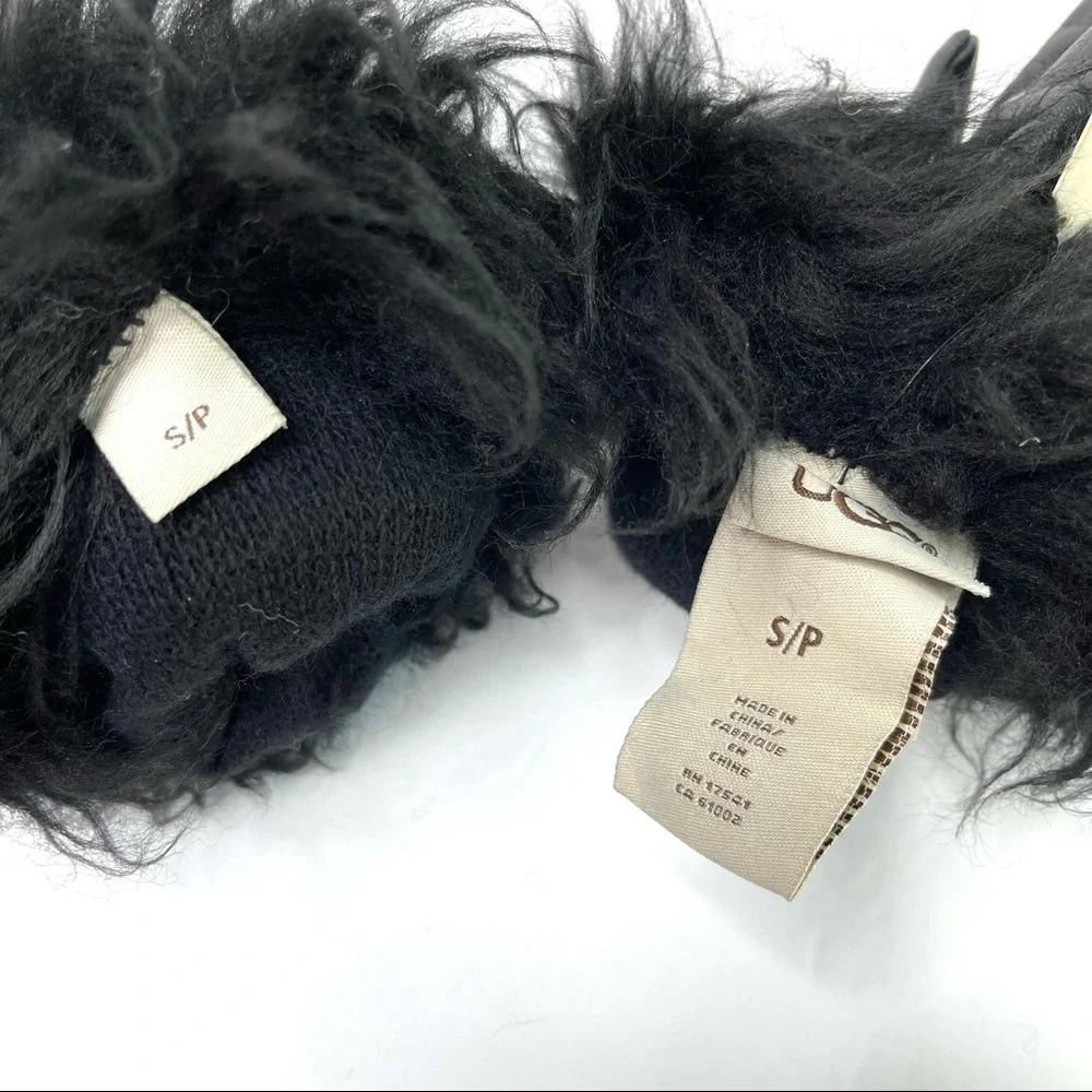 UGG Black Leather Gloves Fur Trim Black NEW Touchscreen Tech Size S